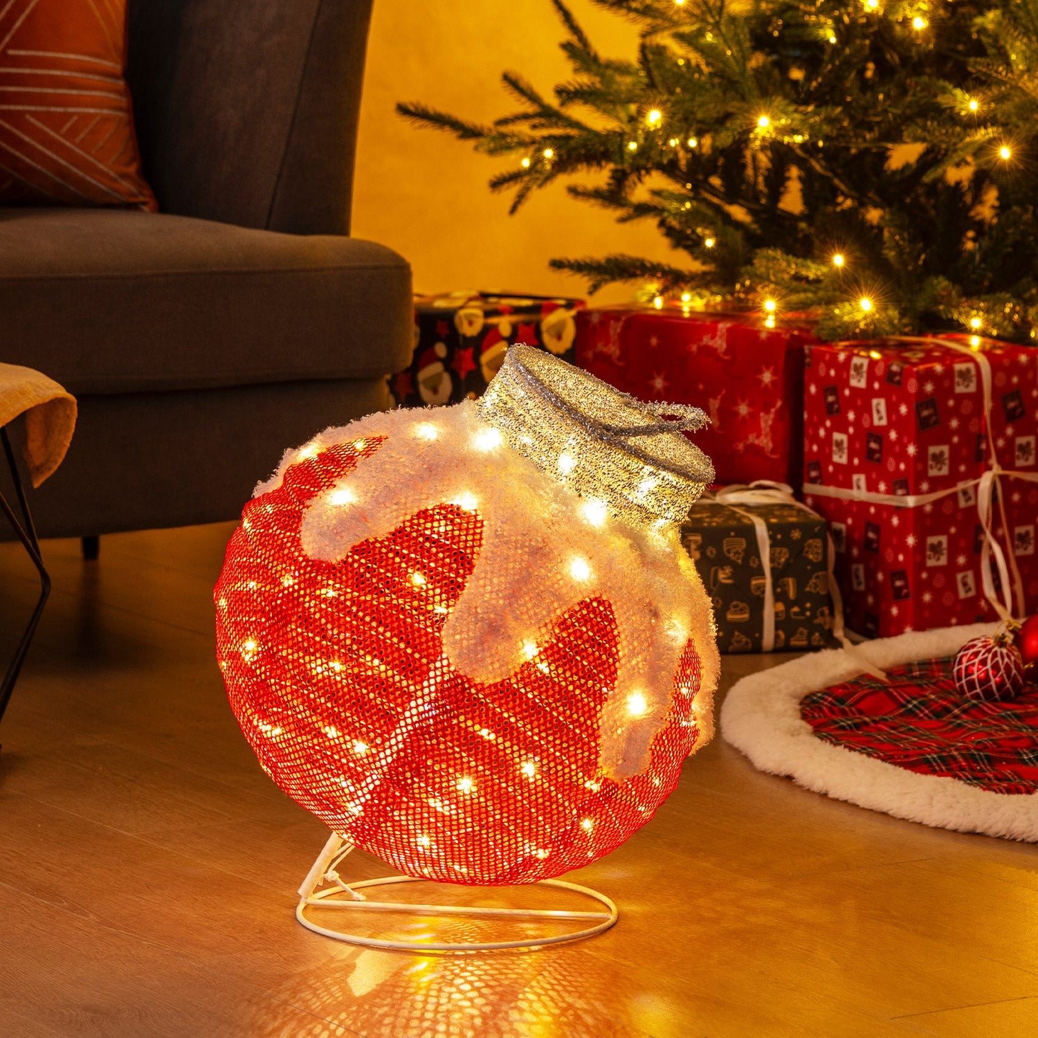 Linterna Navideña de Exterior Esfera Festiva Iluminada Plegable con 80 Luces LED y Base de Soporte