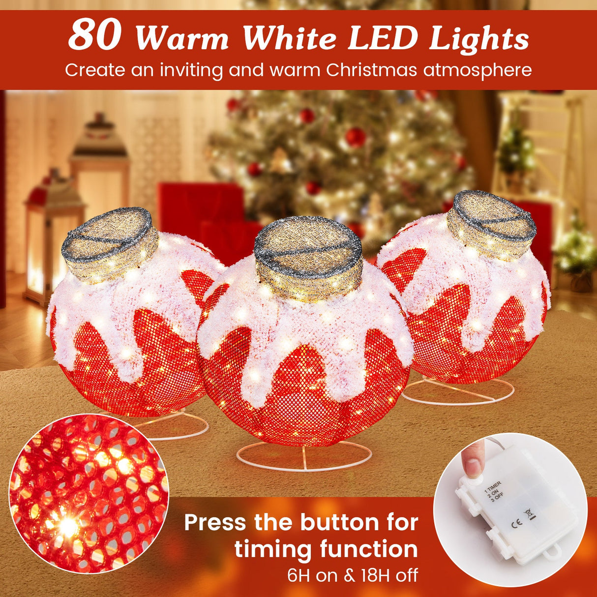 Linterna Navideña de Exterior Esfera Festiva Iluminada Plegable con 80 Luces LED y Base de Soporte