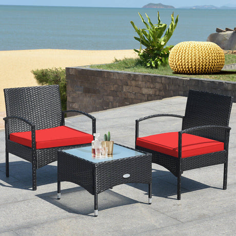 Juego de muebles de patio de ratán de mimbre de 3 piezas con cojín para jardín trasero