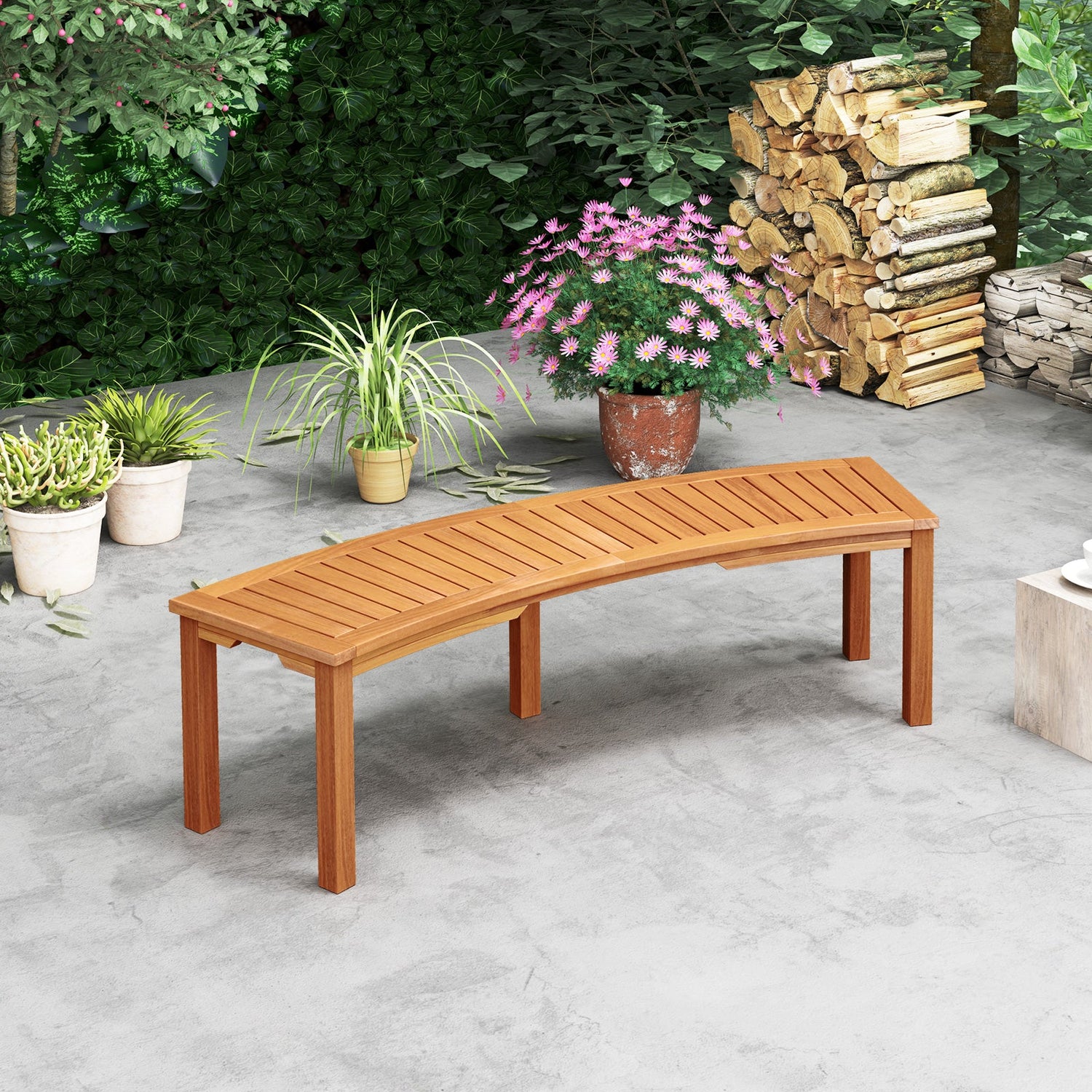 Banco curvo de madera de acacia para hoguera con asiento de listones, apto para exteriores