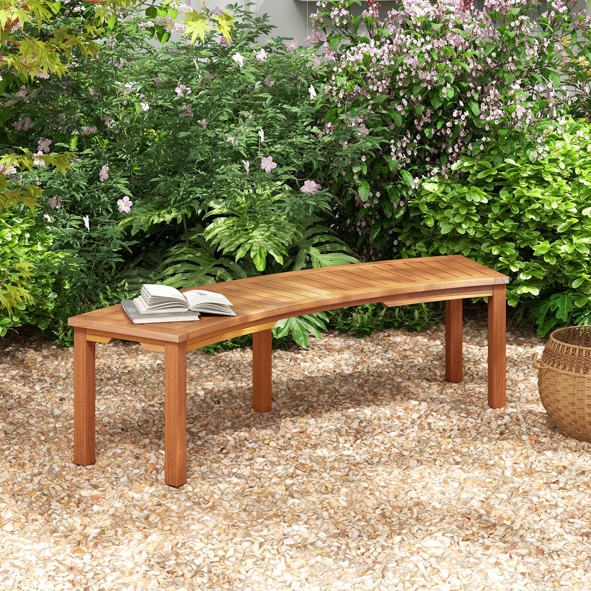 Banco curvo de madera de acacia para hoguera con asiento de listones, apto para exteriores