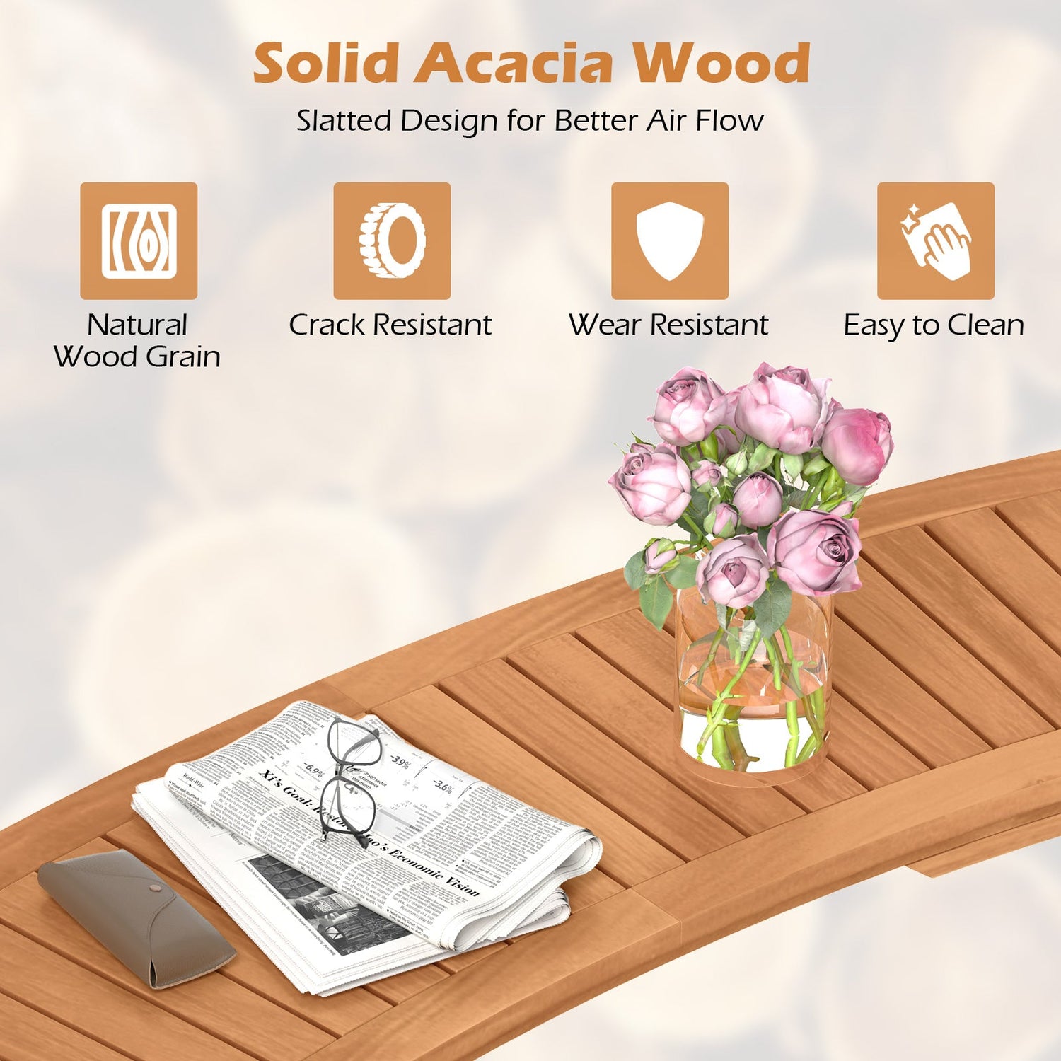 Banco curvo de madera de acacia para hoguera con asiento de listones, apto para exteriores