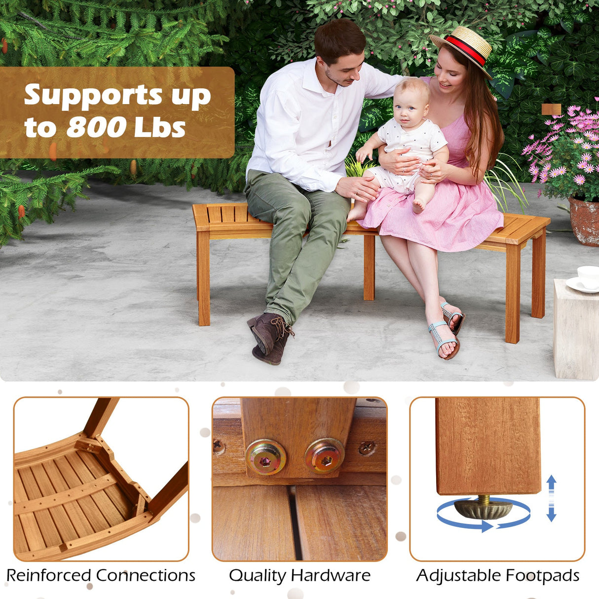Banco curvo de madera de acacia para hoguera con asiento de listones, apto para exteriores