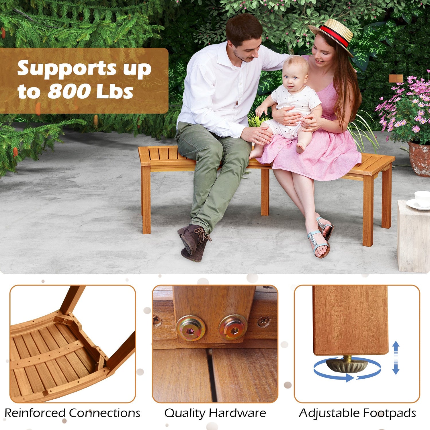 Banco curvo de madera de acacia para hoguera con asiento de listones, apto para exteriores