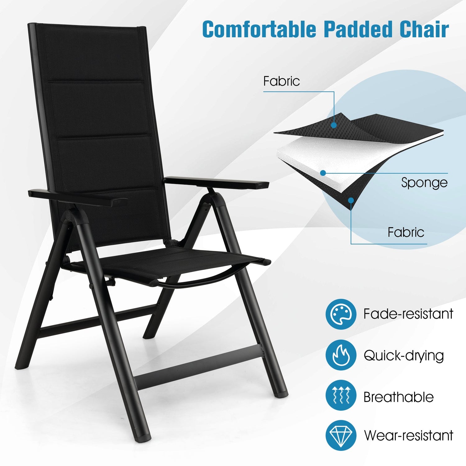 Sillón de comedor para exterior con asiento acolchado suave y respaldo ajustable en 7 posiciones - Negro