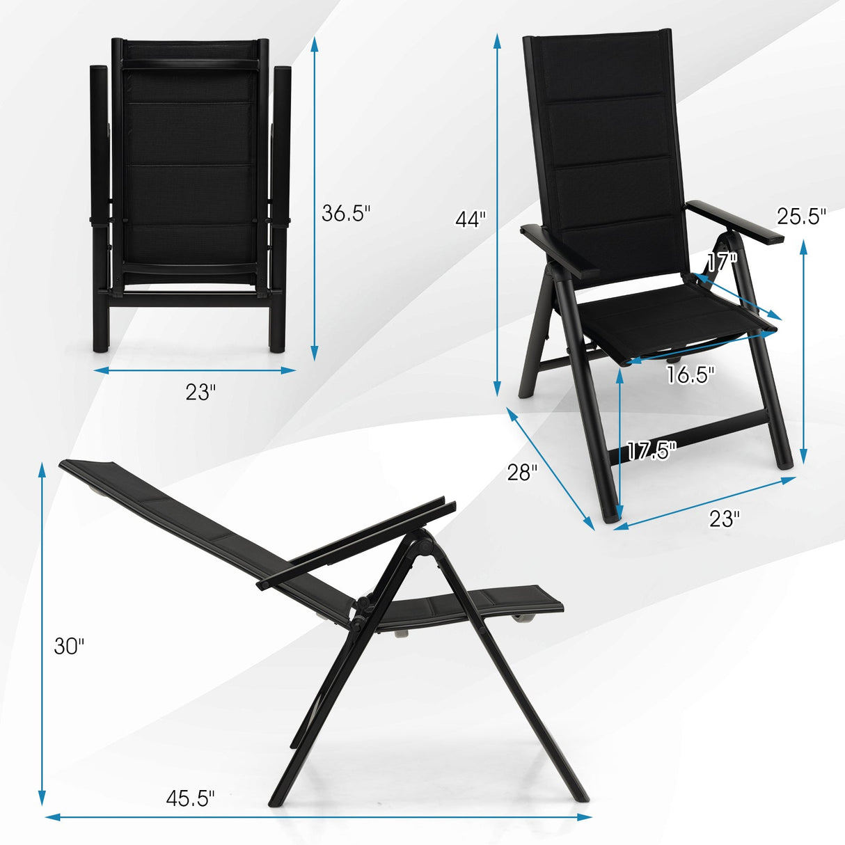 Sillón de comedor para exterior con asiento acolchado suave y respaldo ajustable en 7 posiciones - Negro