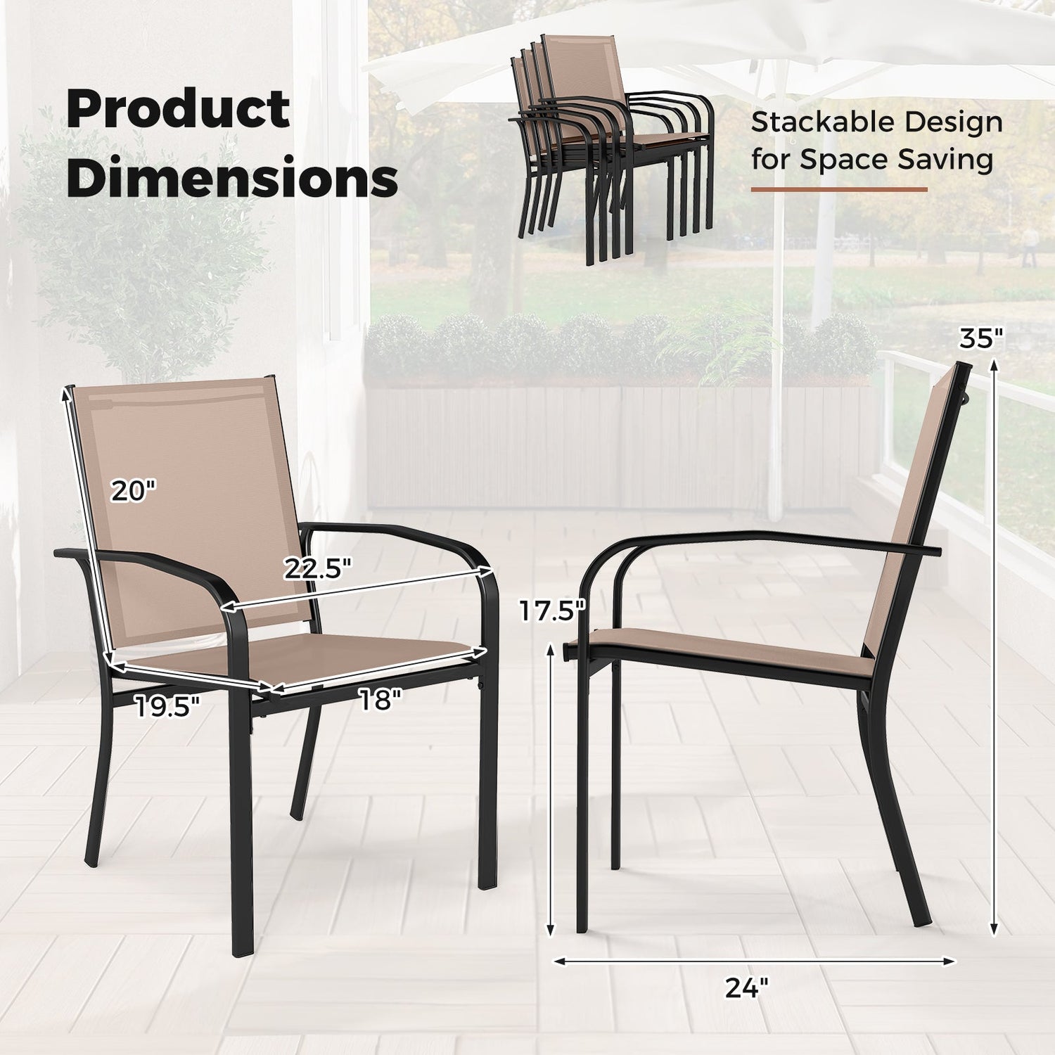 Juego de 2 sillas de comedor para exteriores con respaldo alto y estructura de metal - Marrón claro