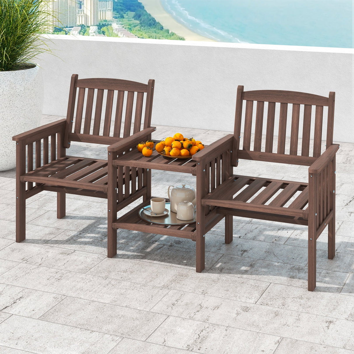 Outdoor Fir Wood Loveseat with 2-Tier Side Table and 1.96" Umbrella Hole