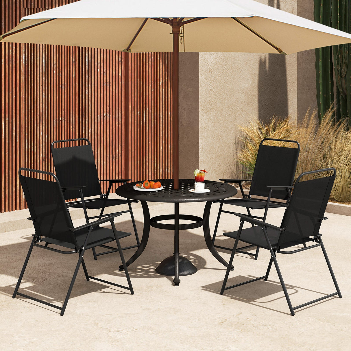 Outdoor Folding Sling Chairs Set of 4 with Armrest and Backrest