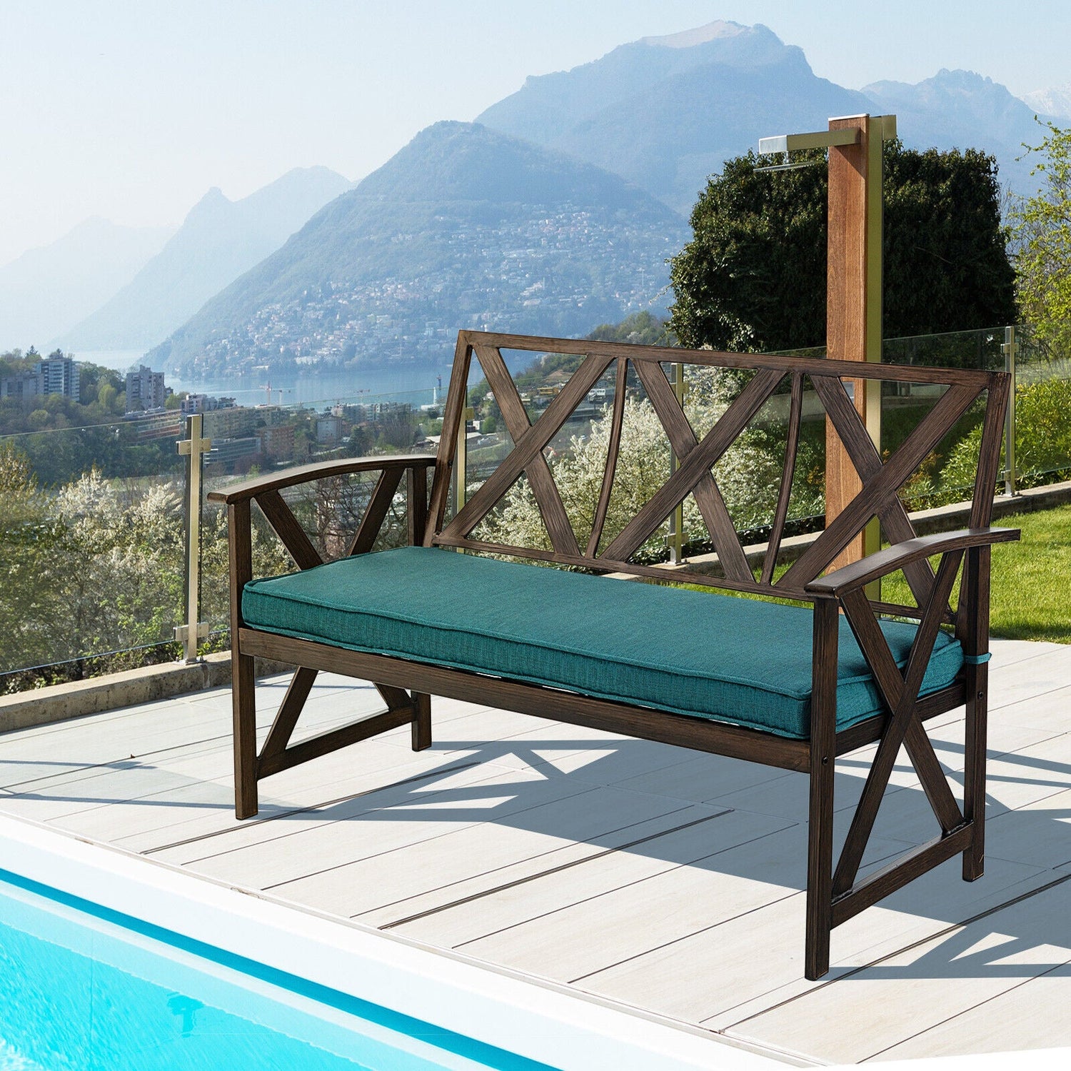 Outdoor Garden Bench with Sponge-Padded Cushion-Brown