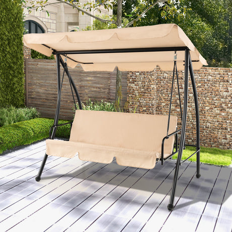 Columpio de jardín convertible de 2 plazas con cama plana y toldo ajustable - Beige