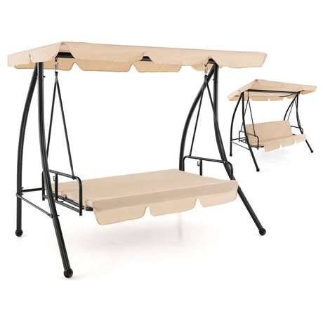 Columpio de jardín convertible de 2 plazas con cama plana y toldo ajustable - Beige