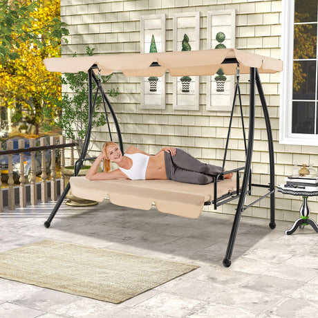 Columpio de jardín convertible de 2 plazas con cama plana y toldo ajustable - Beige