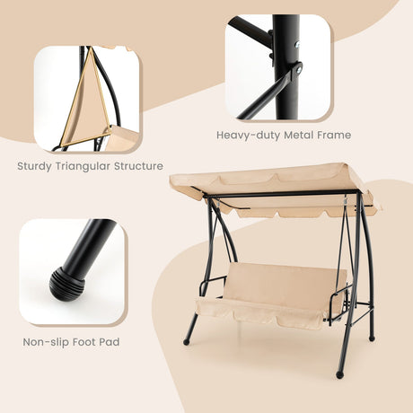 Columpio de jardín convertible de 2 plazas con cama plana y toldo ajustable - Beige