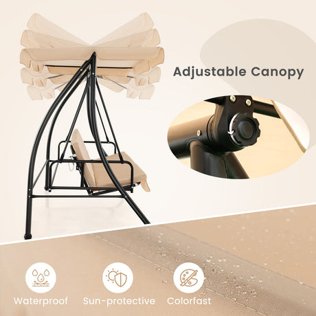 Columpio de jardín convertible de 2 plazas con cama plana y toldo ajustable - Beige