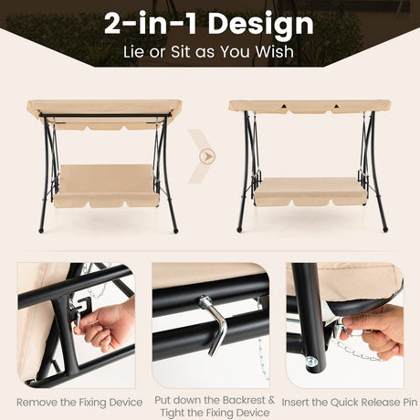 Columpio de jardín convertible de 2 plazas con cama plana y toldo ajustable - Beige