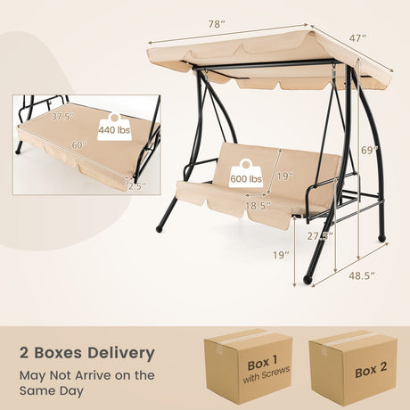 Columpio de jardín convertible de 2 plazas con cama plana y toldo ajustable - Beige