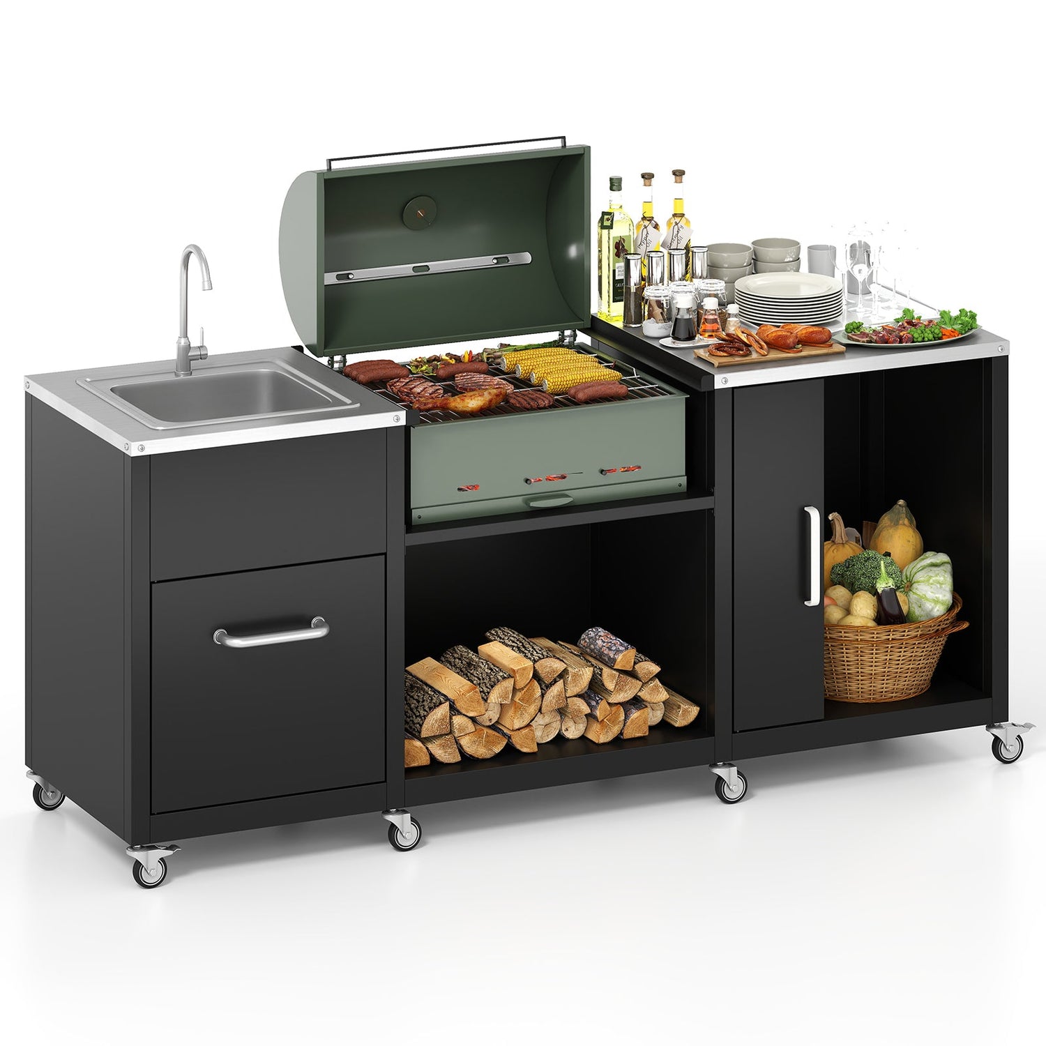 Mesa para parrilla de exterior con fregadero y desagüe, carro de metal resistente para parrilla - Negro