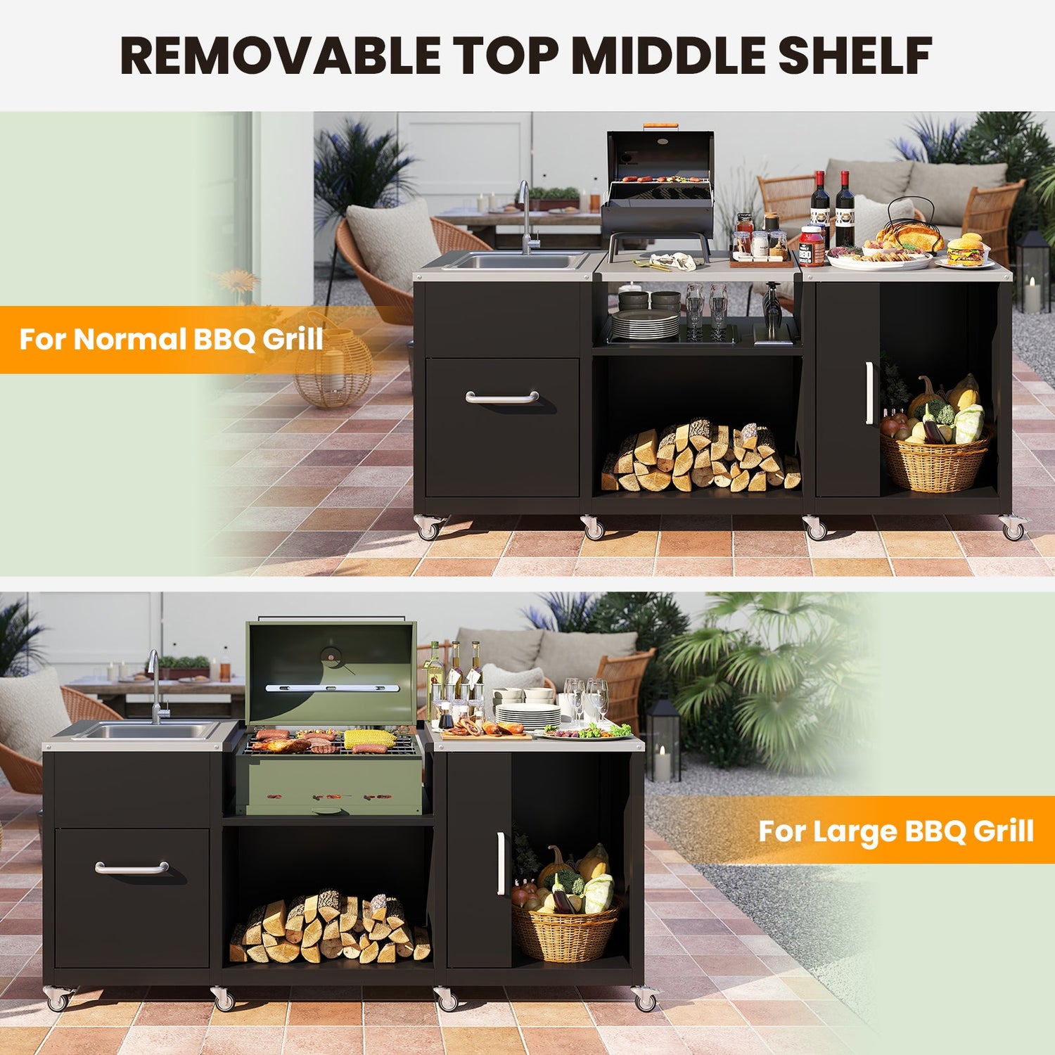 Mesa para parrilla de exterior con fregadero y desagüe, carro de metal resistente para parrilla - Negro