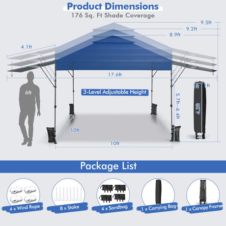 Carpa Plegable Instantánea para Exteriores de 10 x 17.6 Pies con Doble Toldo Medio