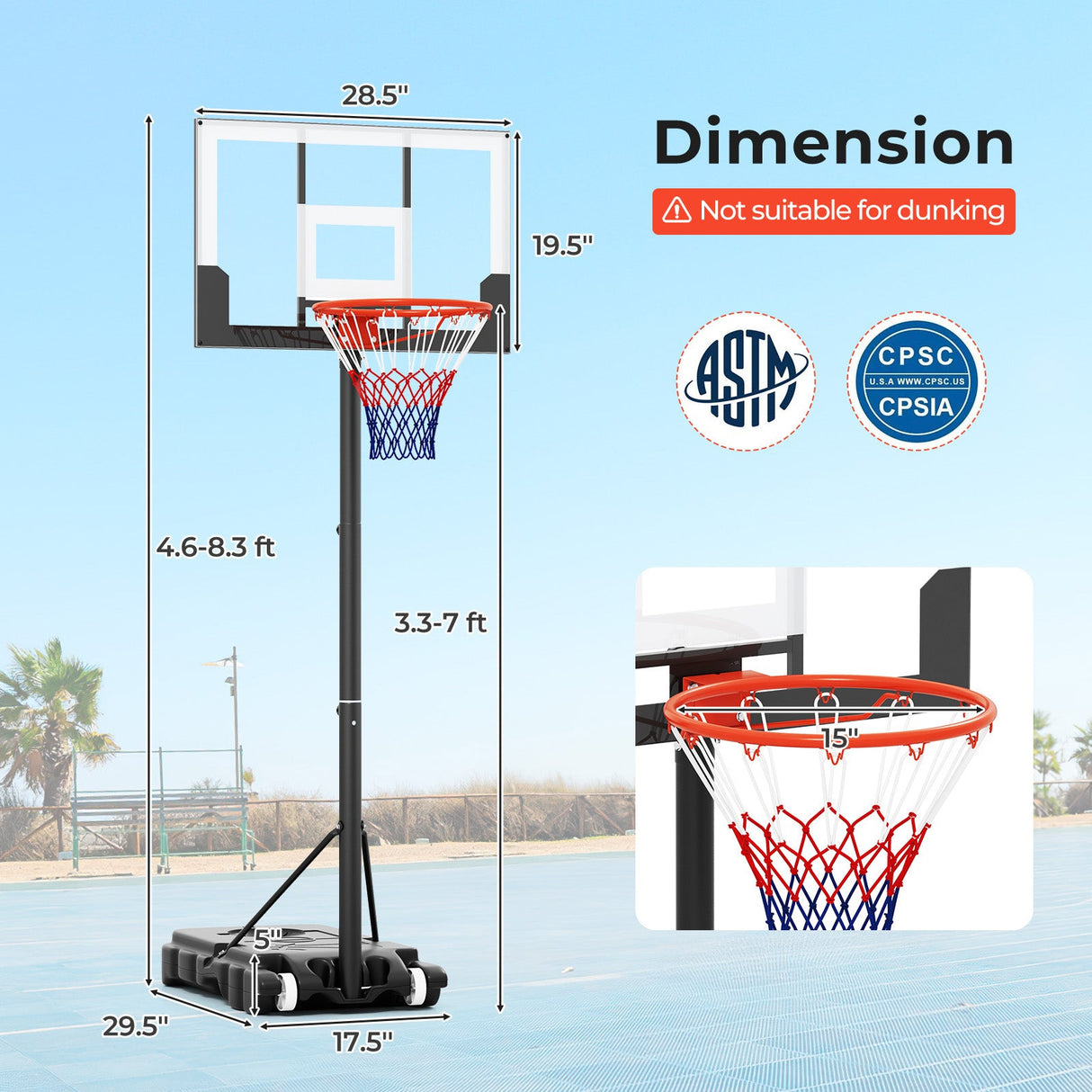 Sistema de aro de baloncesto portátil y ajustable para niños al aire libre de 3.3-7 pies