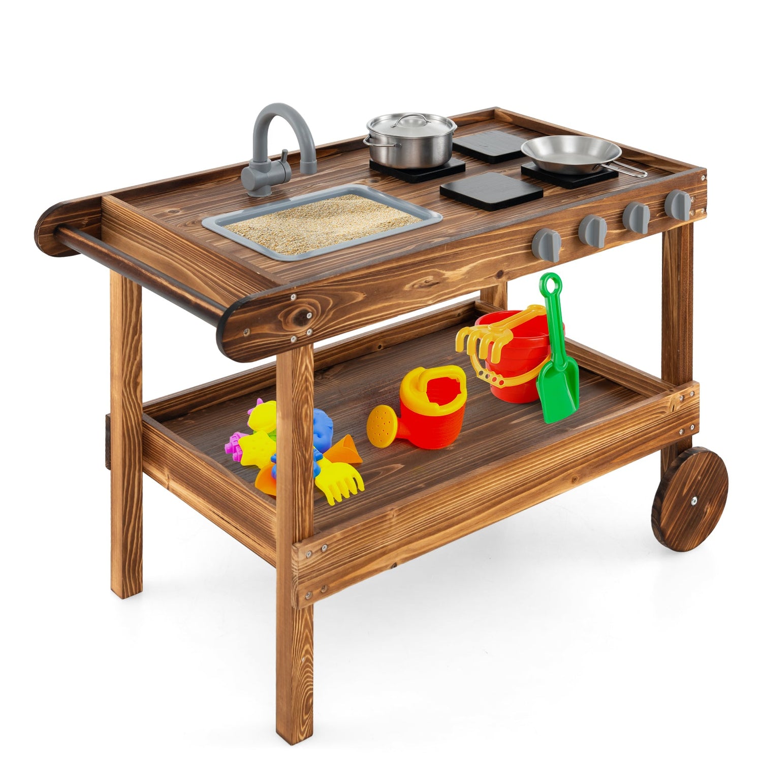 Cocina de barro móvil para exteriores con 2 ruedas y 1 asa de empuje - Natural