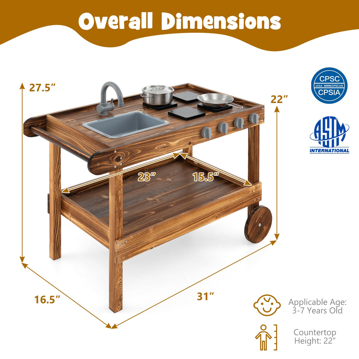 Cocina de barro móvil para exteriores con 2 ruedas y 1 asa de empuje - Natural