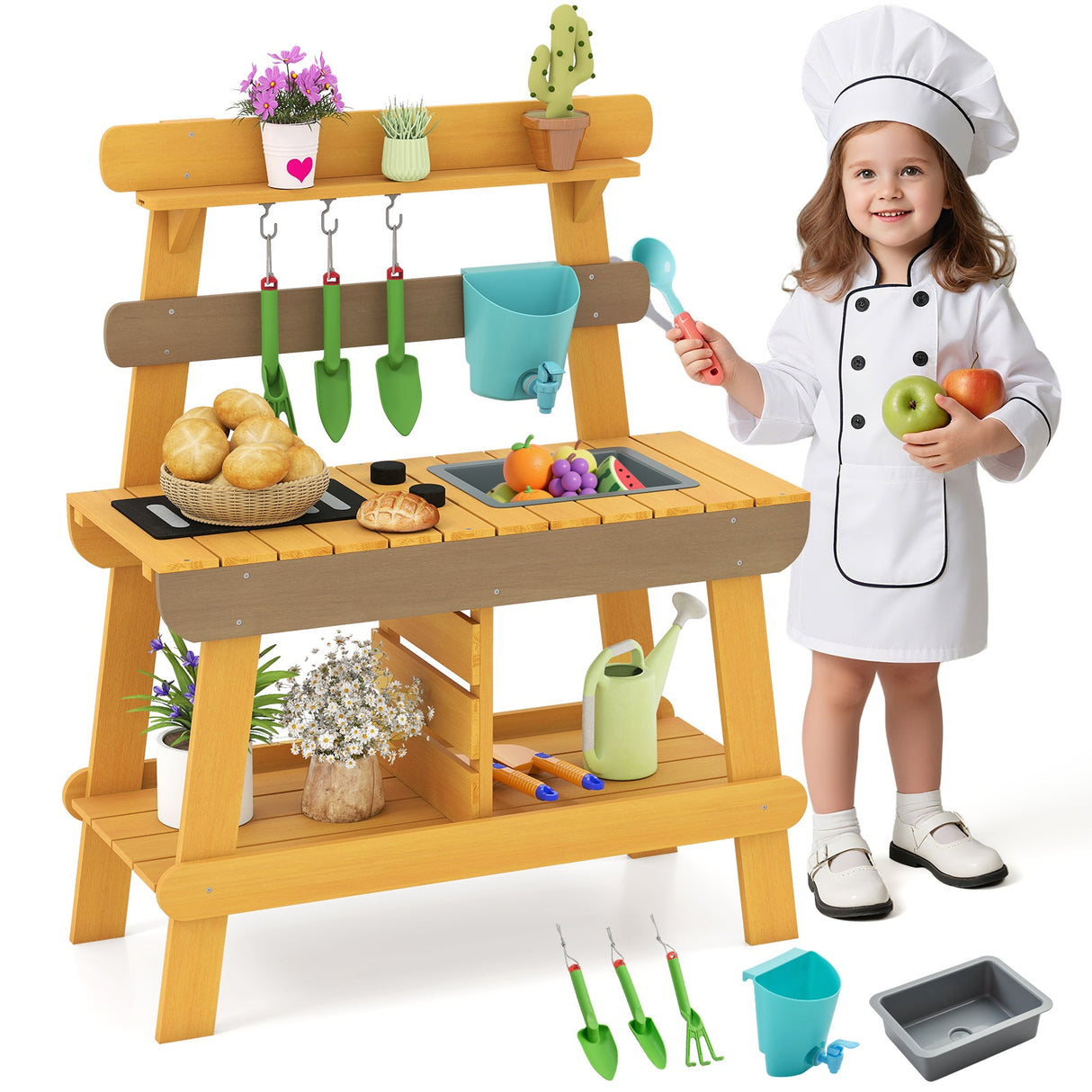 Cocina de Barro para Exteriores para Niños, Juguete de Cocina de Madera para Niños y Niñas de 3 a 8 Años - Amarilla