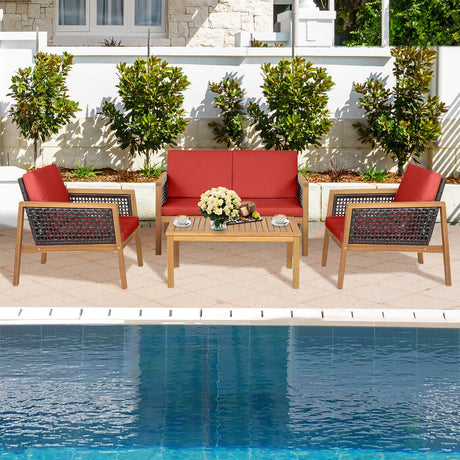 Juego de muebles de ratán para patio de 4 piezas con cojines extraíbles