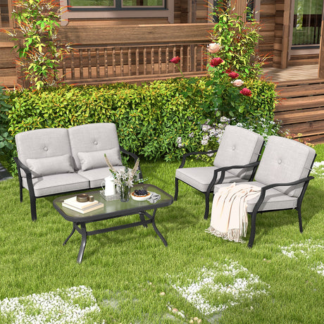 4 Pieces Outdoor Conversation Set with Seat Back Cushions and Waist Pillows