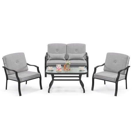 4 Pieces Outdoor Conversation Set with Seat Back Cushions and Waist Pillows