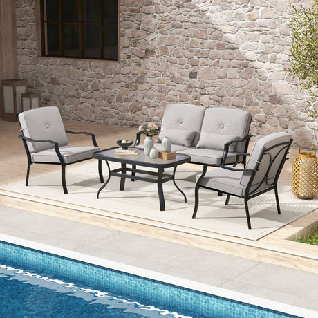 4 Pieces Outdoor Conversation Set with Seat Back Cushions and Waist Pillows