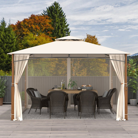 Cenador de patio exterior de 3.6 x 3 metros con mosquitero y techo de doble nivel, beige