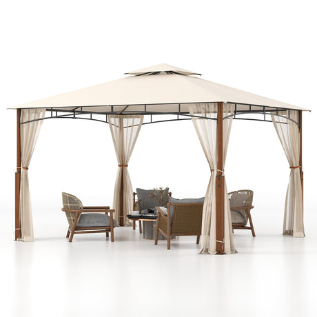 Cenador de patio exterior de 3.6 x 3 metros con mosquitero y techo de doble nivel, beige