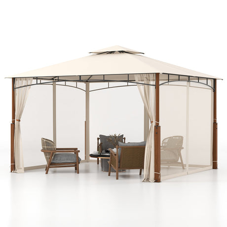 Cenador de patio exterior de 3.6 x 3 metros con mosquitero y techo de doble nivel, beige