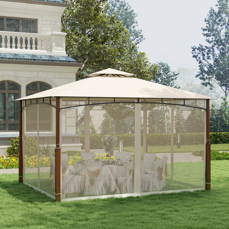 Cenador de patio exterior de 3.6 x 3 metros con mosquitero y techo de doble nivel, beige