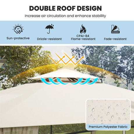Cenador de patio exterior de 3.6 x 3 metros con mosquitero y techo de doble nivel, beige