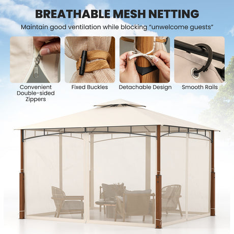 Cenador de patio exterior de 3.6 x 3 metros con mosquitero y techo de doble nivel, beige