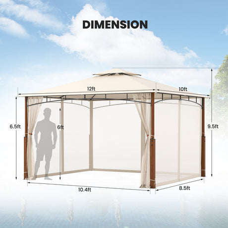 Cenador de patio exterior de 3.6 x 3 metros con mosquitero y techo de doble nivel, beige