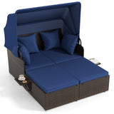 Outdoor Patio Rattan Daybed with Retractable Canopy and Side Tables