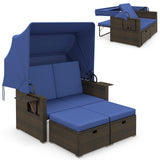 Cama de día de mimbre para patio exterior con toldo retráctil y respaldos ajustables
