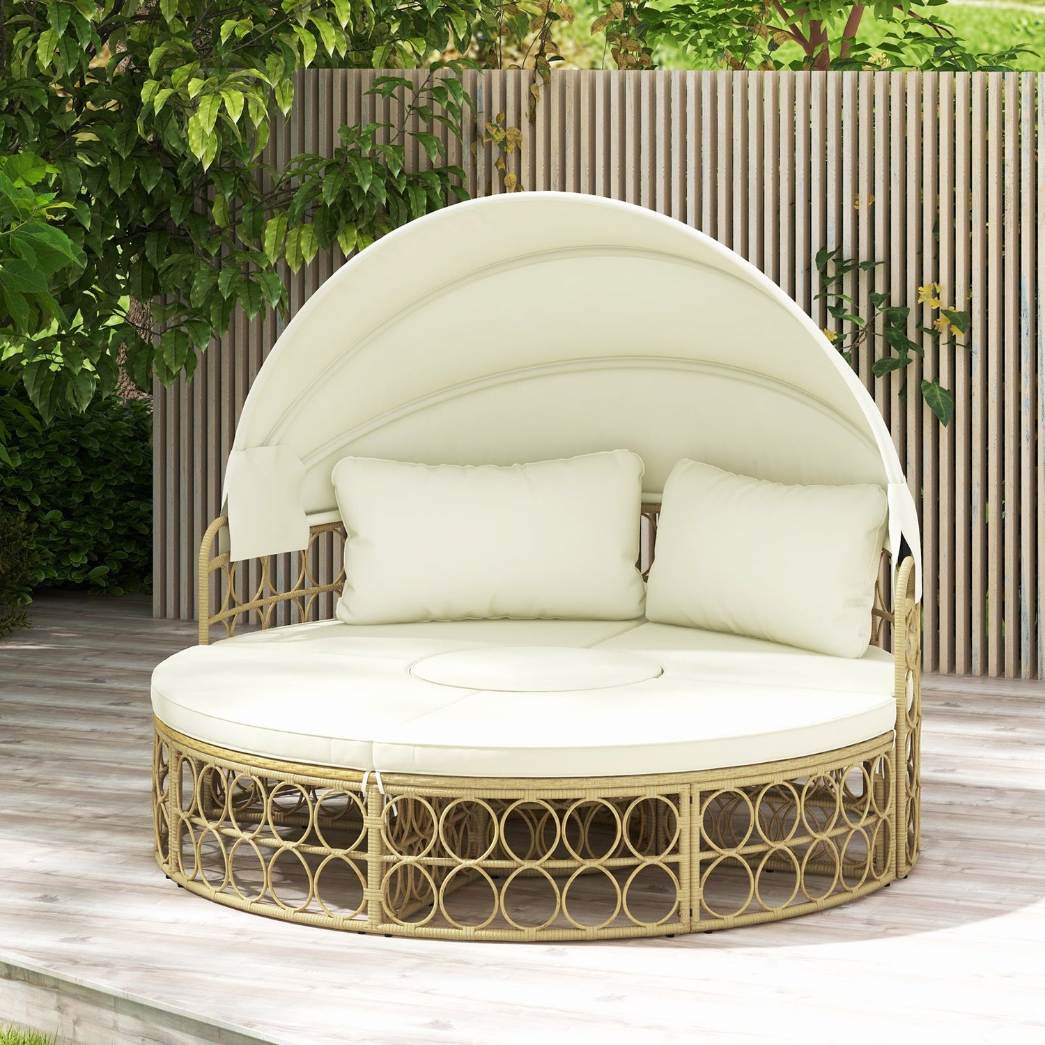 Cama de día redonda para patio al aire libre con toldo retráctil y cojines suaves - Blanco