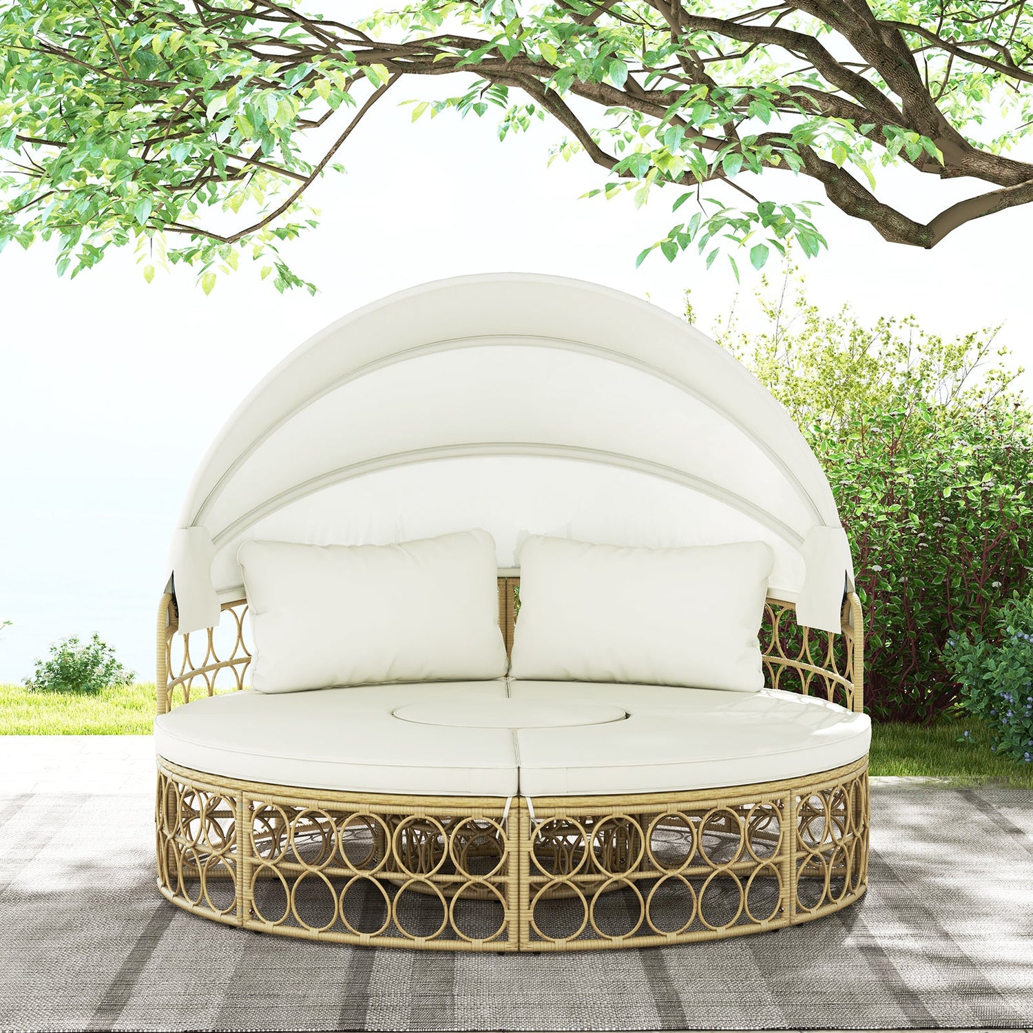 Cama de día redonda para patio al aire libre con toldo retráctil y cojines suaves - Blanco