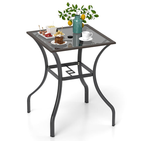 Mesa cuadrada de patio exterior de 28.5 pulgadas con tapa de vidrio y borde de ratán