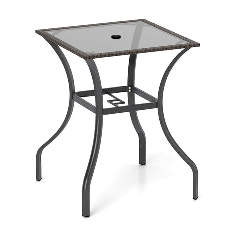 Mesa cuadrada de patio exterior de 28.5 pulgadas con tapa de vidrio y borde de ratán