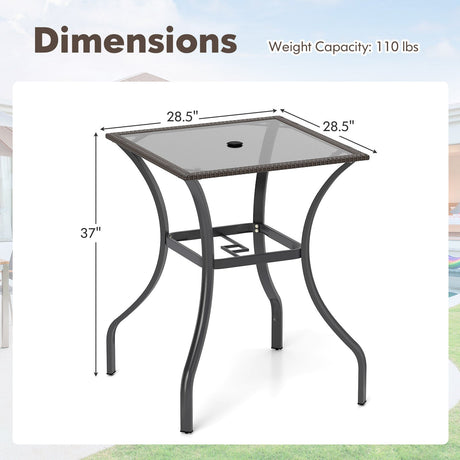 Mesa cuadrada de patio exterior de 28.5 pulgadas con tapa de vidrio y borde de ratán