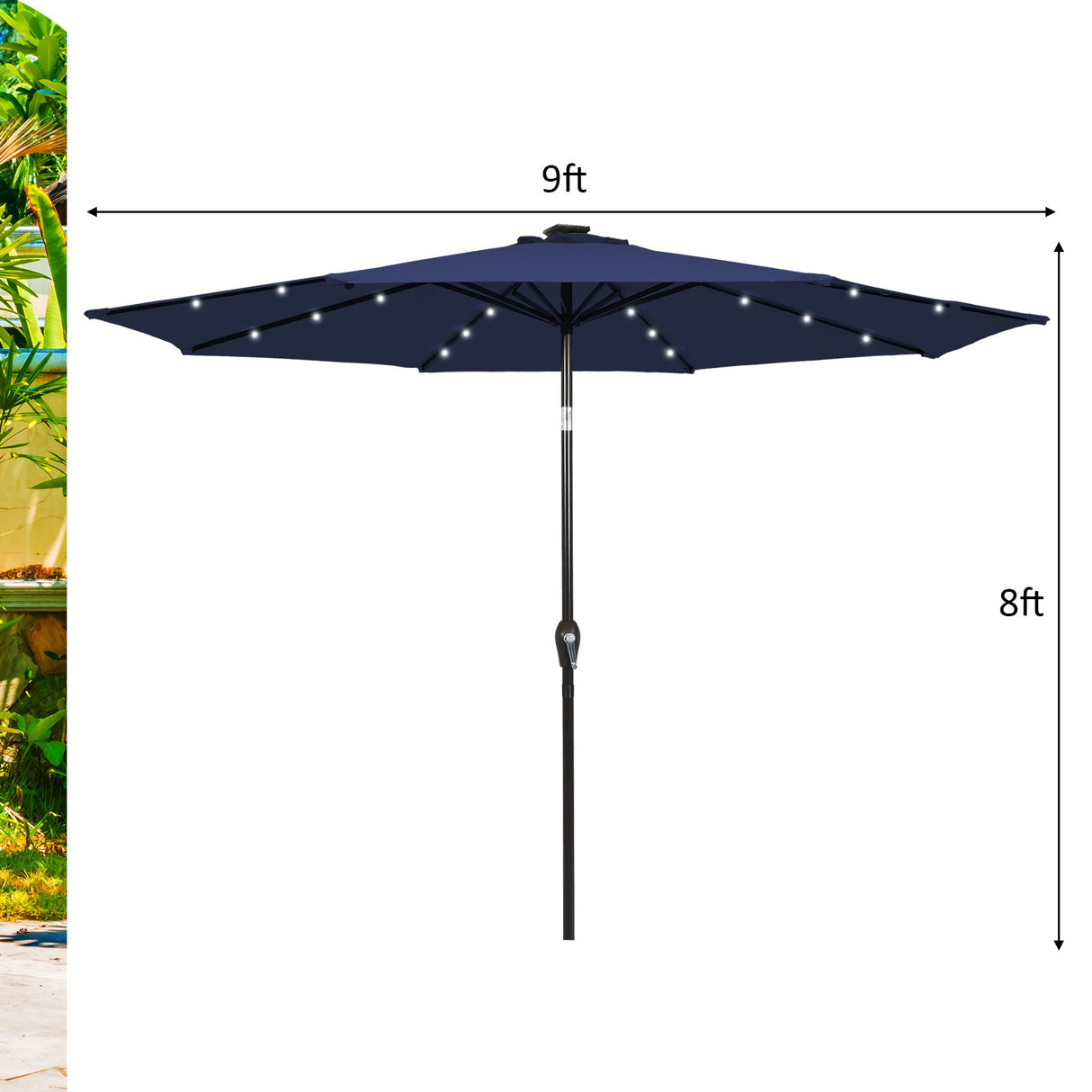 Sombrilla de mercado para patio con luz LED solar, 9 pies, inclinación ajustable y manivela.