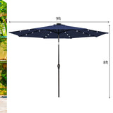 Sombrilla de mercado para patio con luz LED solar, 9 pies, inclinación ajustable y manivela.