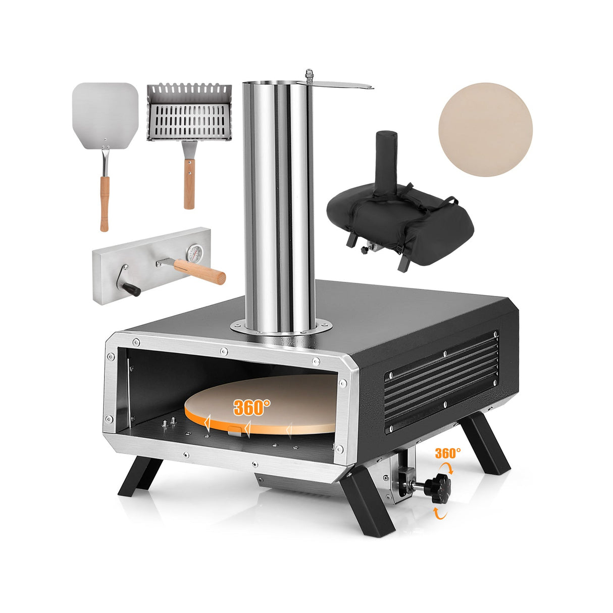 Horno de pizza portátil para exteriores, estufa de pizza de pellets de madera con piedra de pizza giratoria redonda de 12 pulgadas