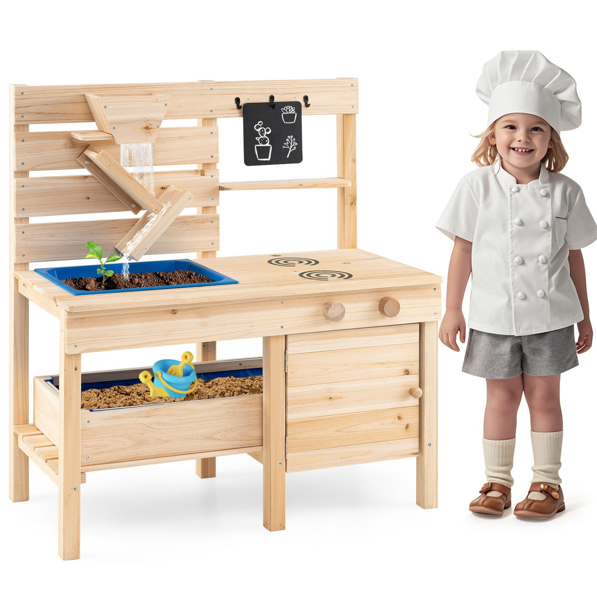 Cocina de juguete para exterior con arenero desmontable y fregadero extraíble - Natural